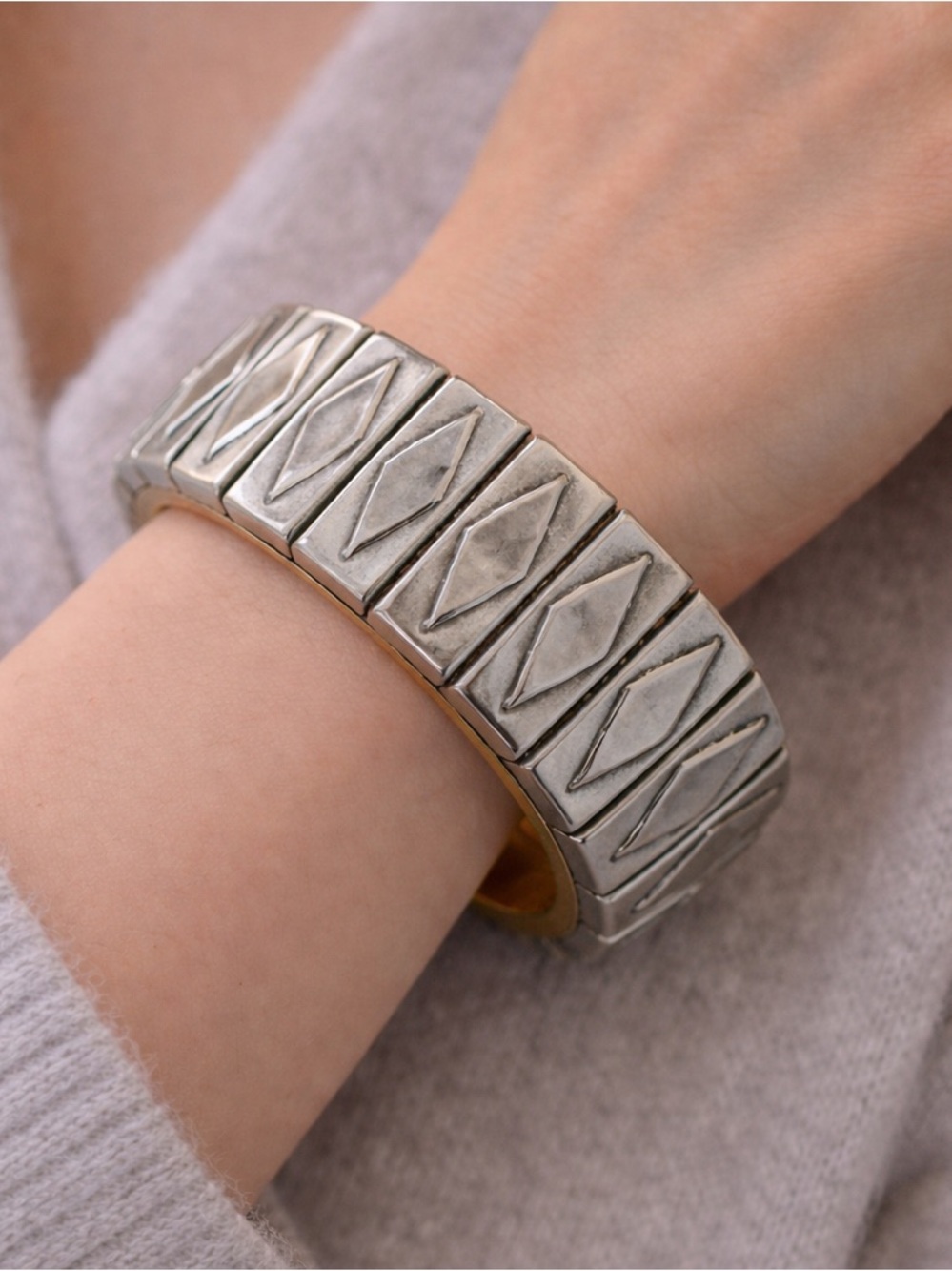 Vintage unique bangle antiqued gold with attached stainless steel panels rare